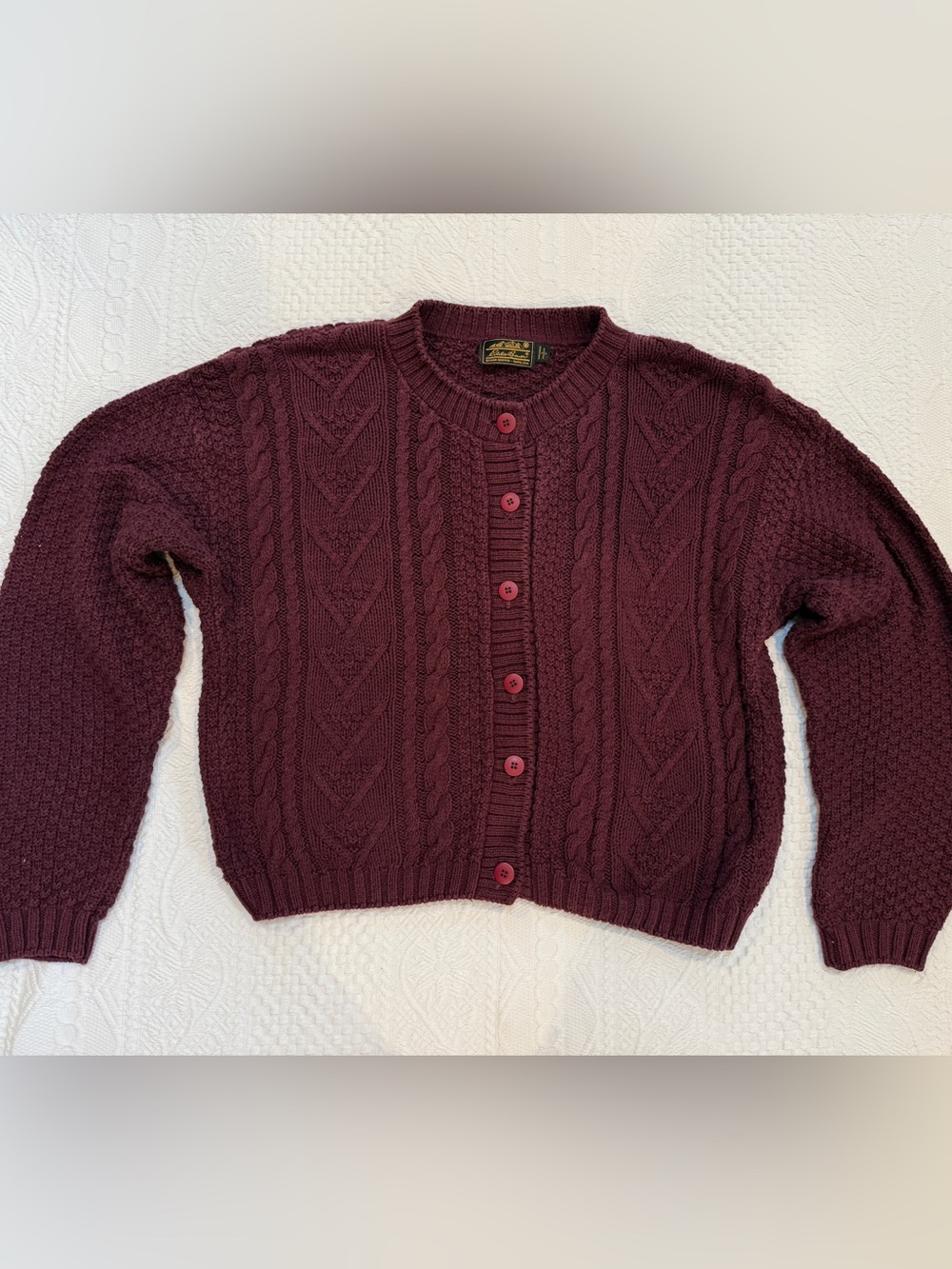 Eddie Bauer Cable Knit Cardigan Sweater Wine Burgundy Womens Large 100% Cotton